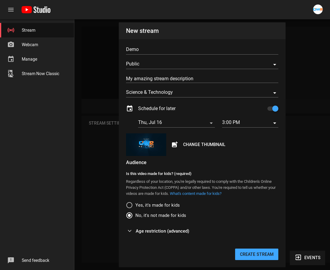 Screenshot of YouTube stream configuration